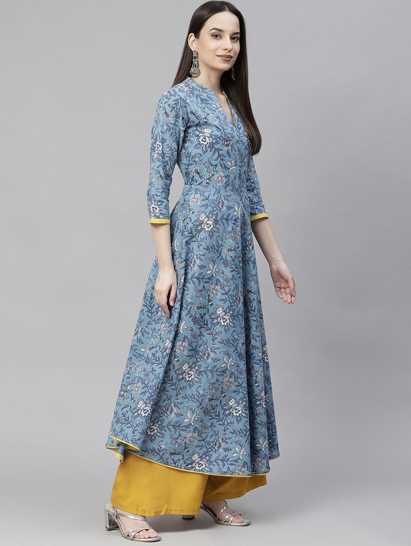 sky blue printed anarkali kurta - 18253280 - Standard Image - 1