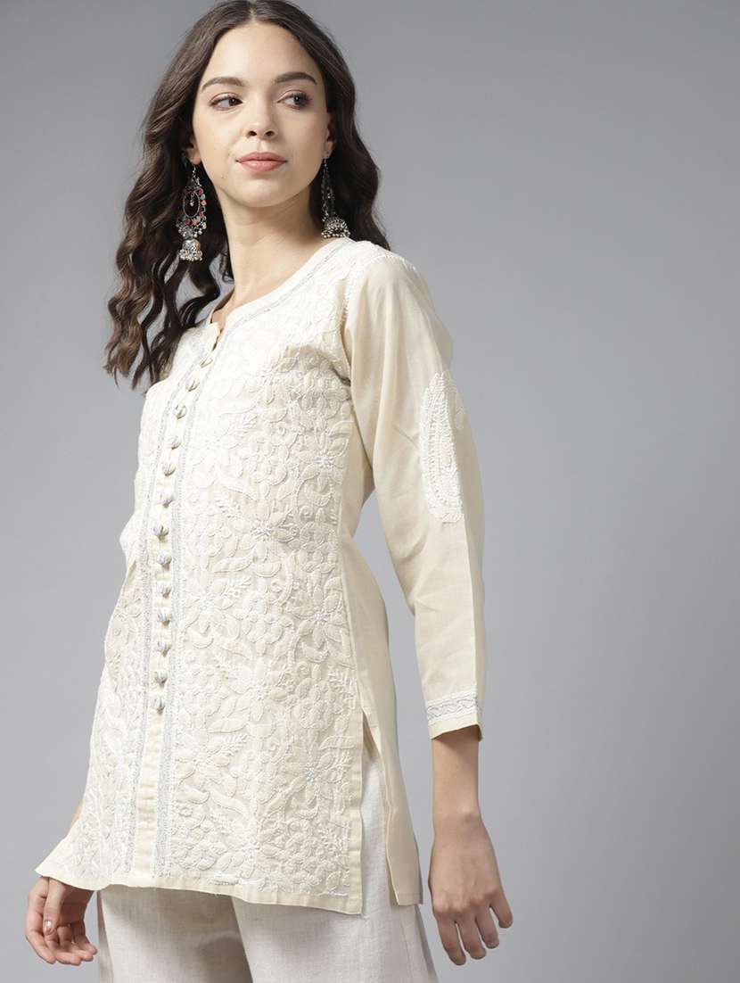 beige cotton lucknow chikankari kurti 	 - 18253607 -  Standard Image - 1