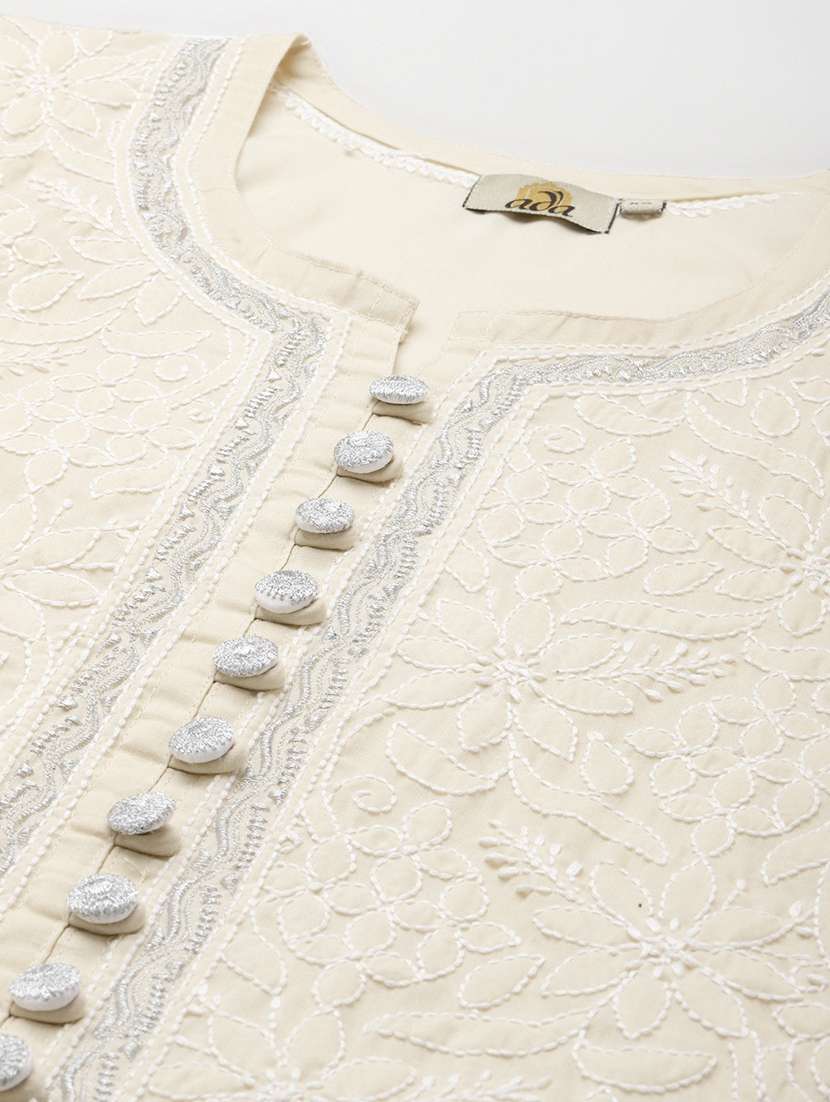 beige cotton lucknow chikankari kurti 	 - 18253607 -  Standard Image - 4