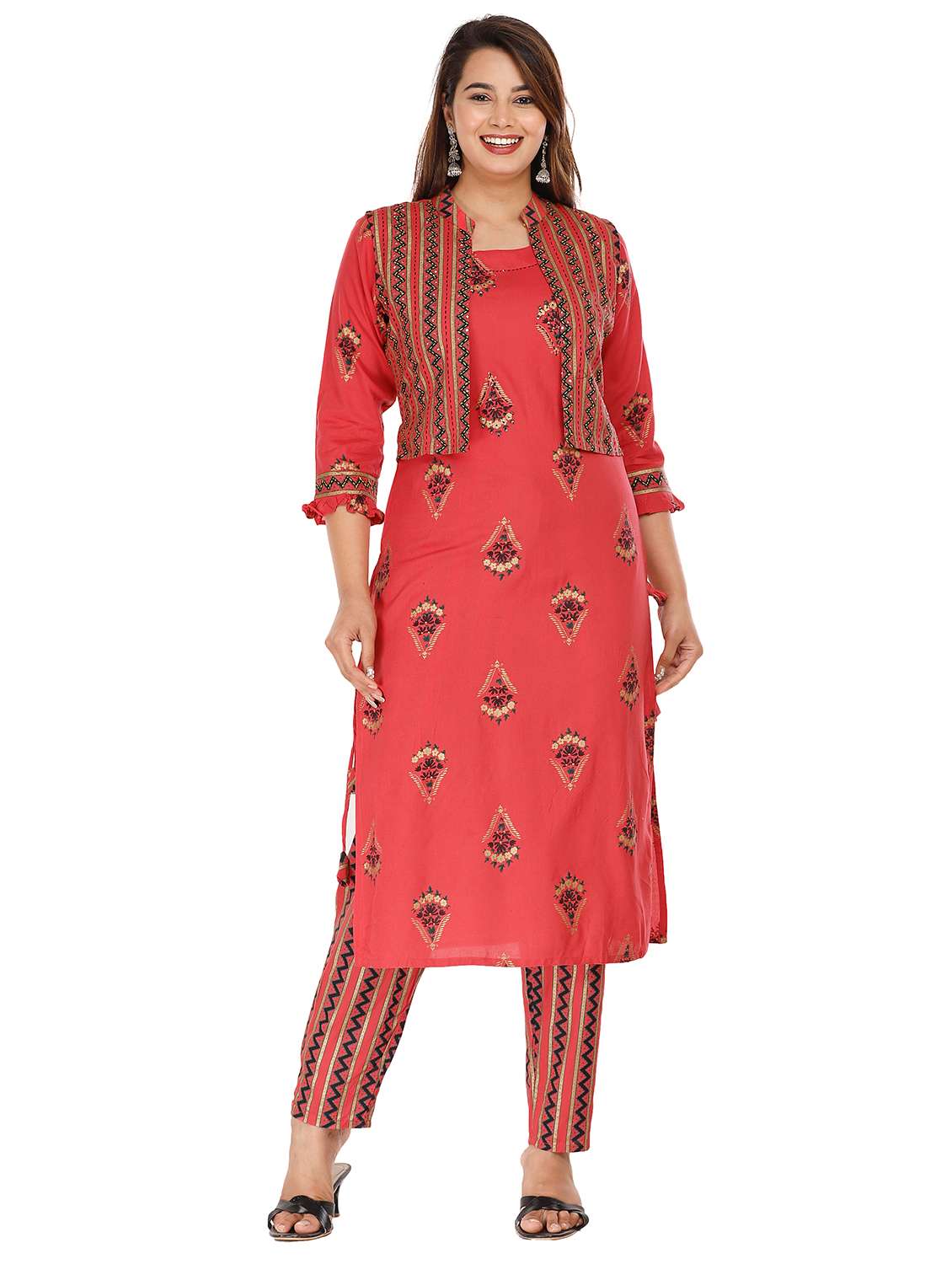 pink kurta pant set with jacket 