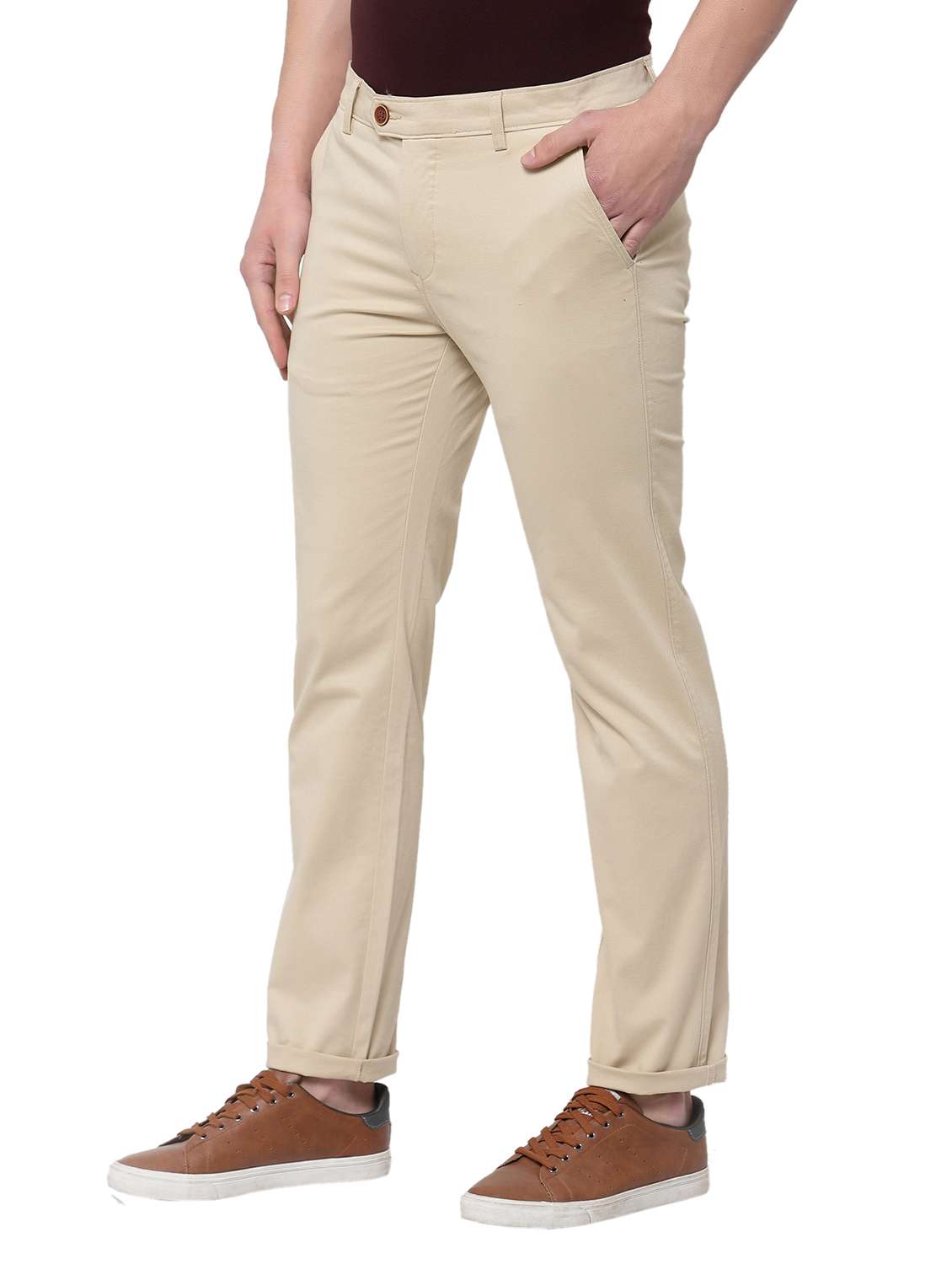 beige solid casual trouser - 18254337 - Standard Image - 1