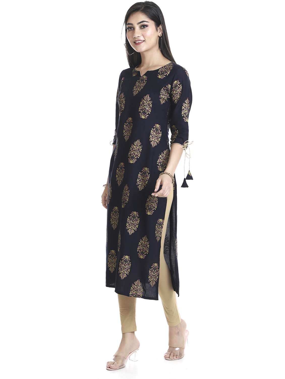navy printed straight kurta - 18254365 - Standard Image - 1