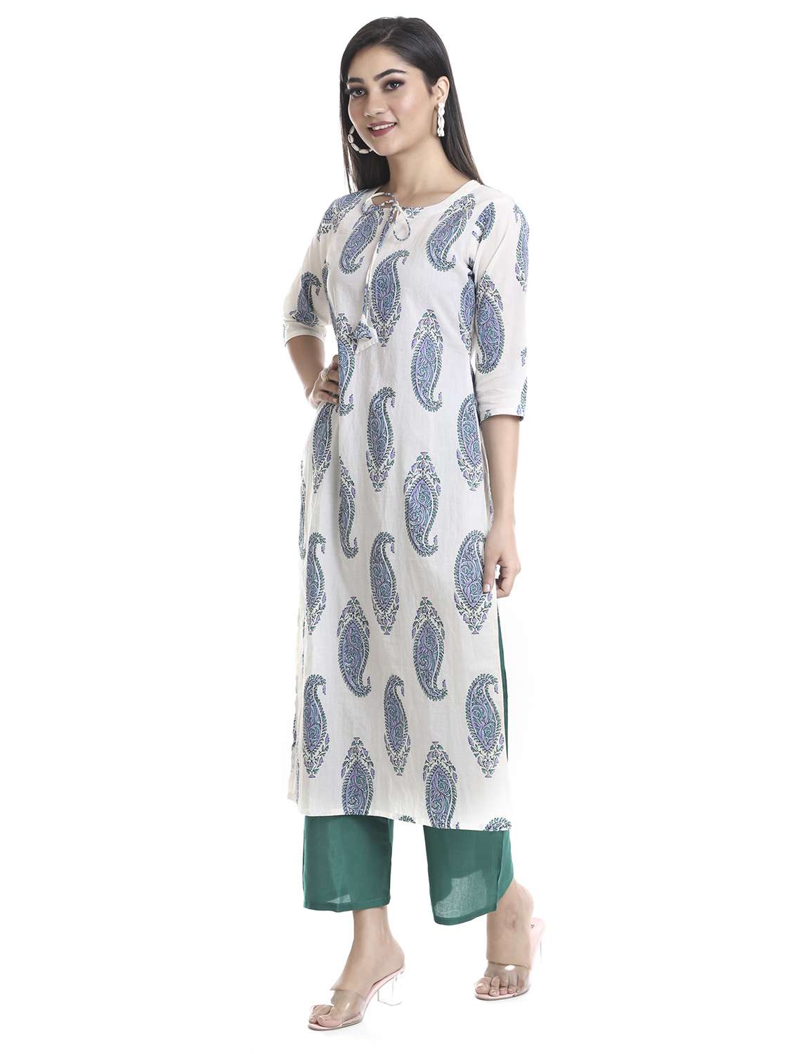 white printed straight kurta - 18254385 -  Standard Image - 1