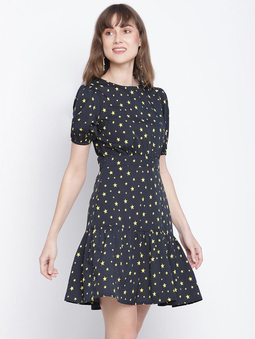puff sleeved printed a-line dress - 18259578 - Standard Image - 1