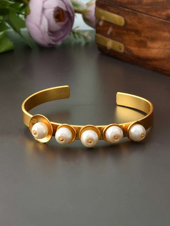gold & white pearl beaded handcrafted cuff bracelet