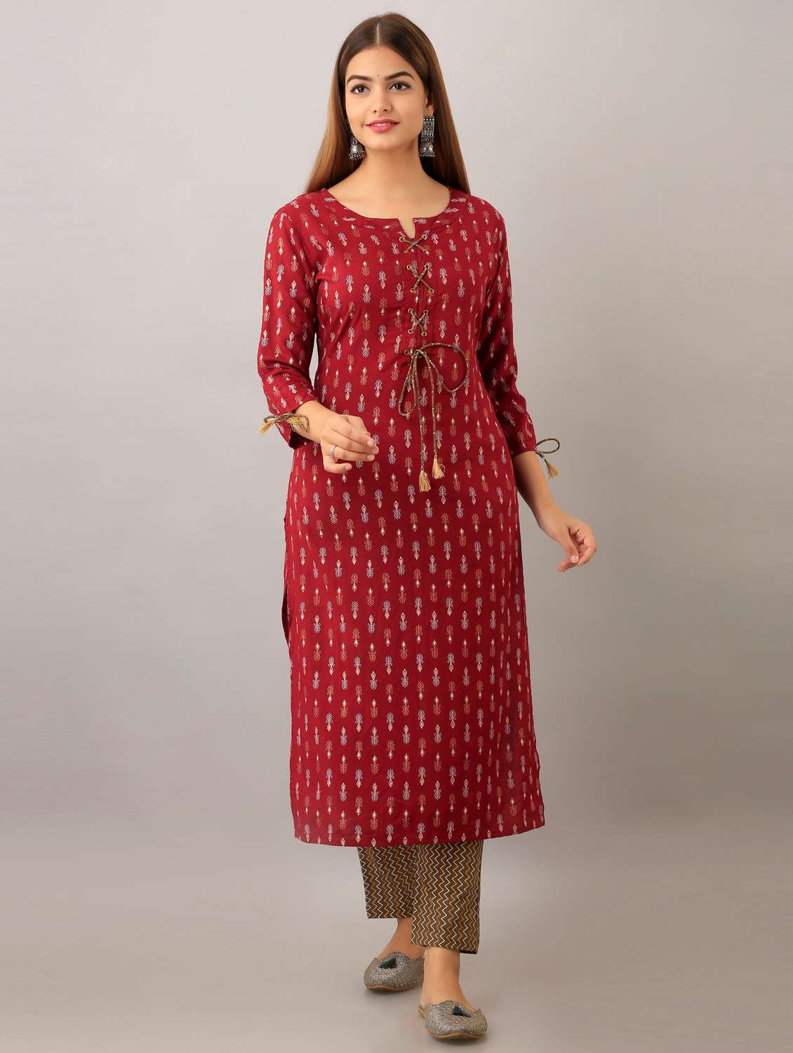 maroon printed straight kurta