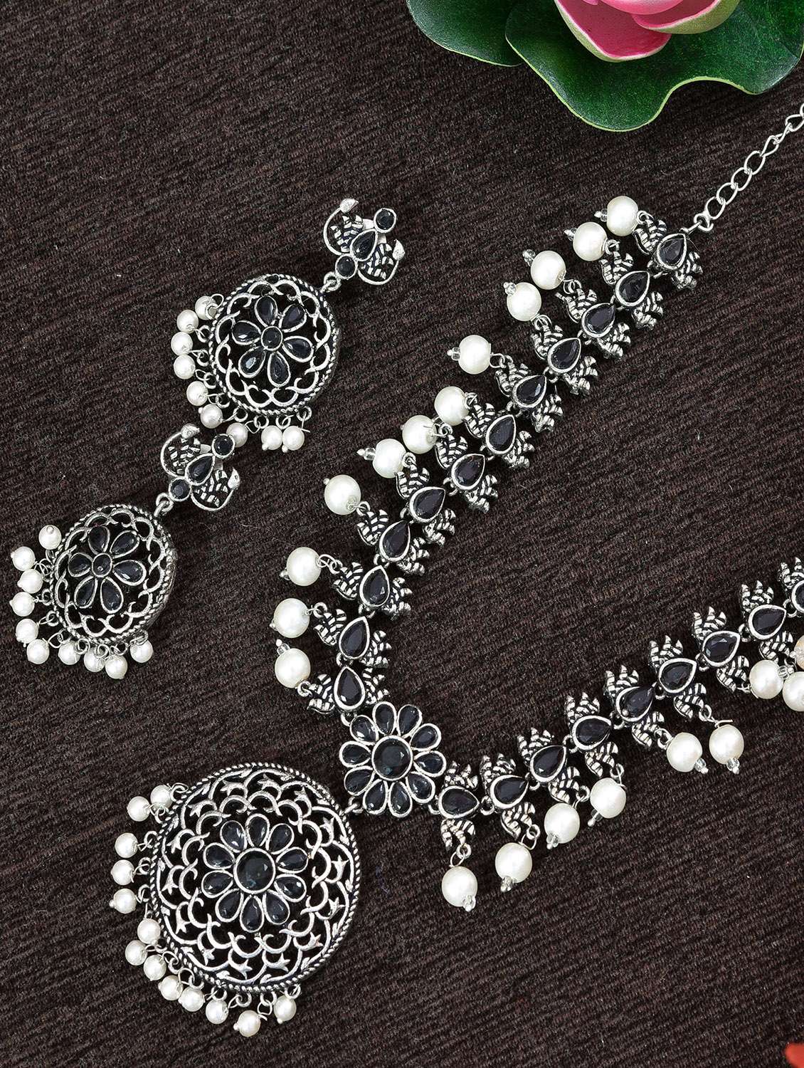 black brass necklaces and earring