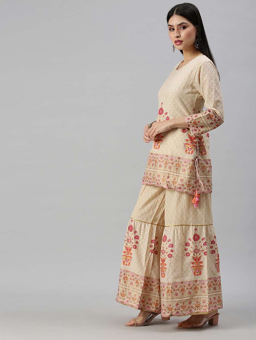 Women Floral Round Neck Kurta Sharara Set 