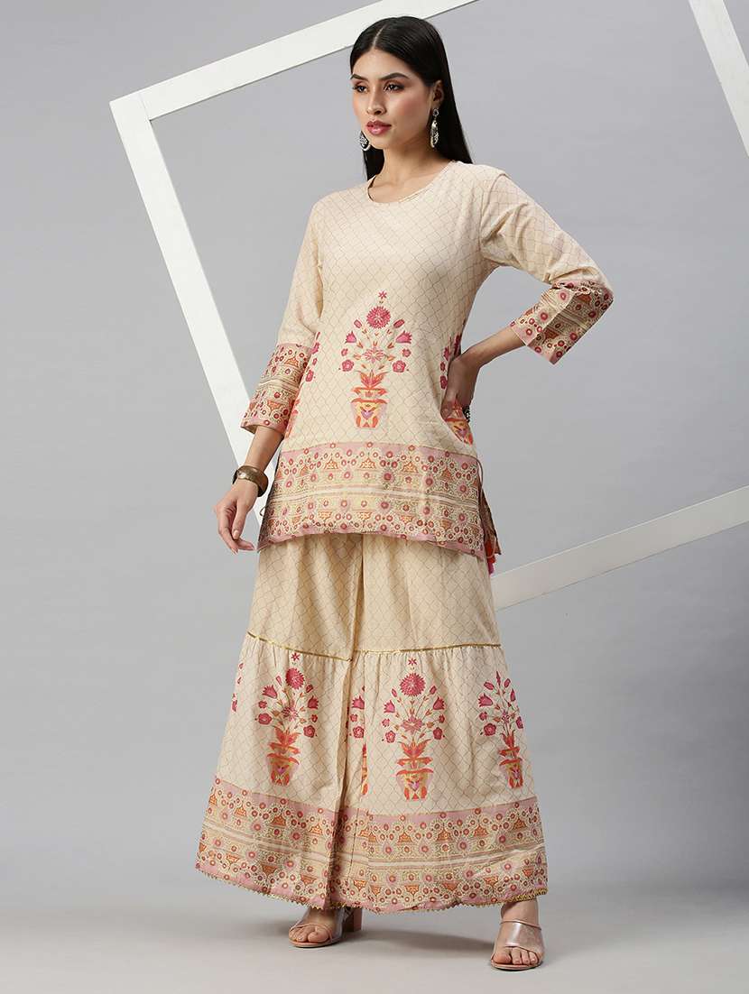 Women Floral Round Neck Kurta Sharara Set 
