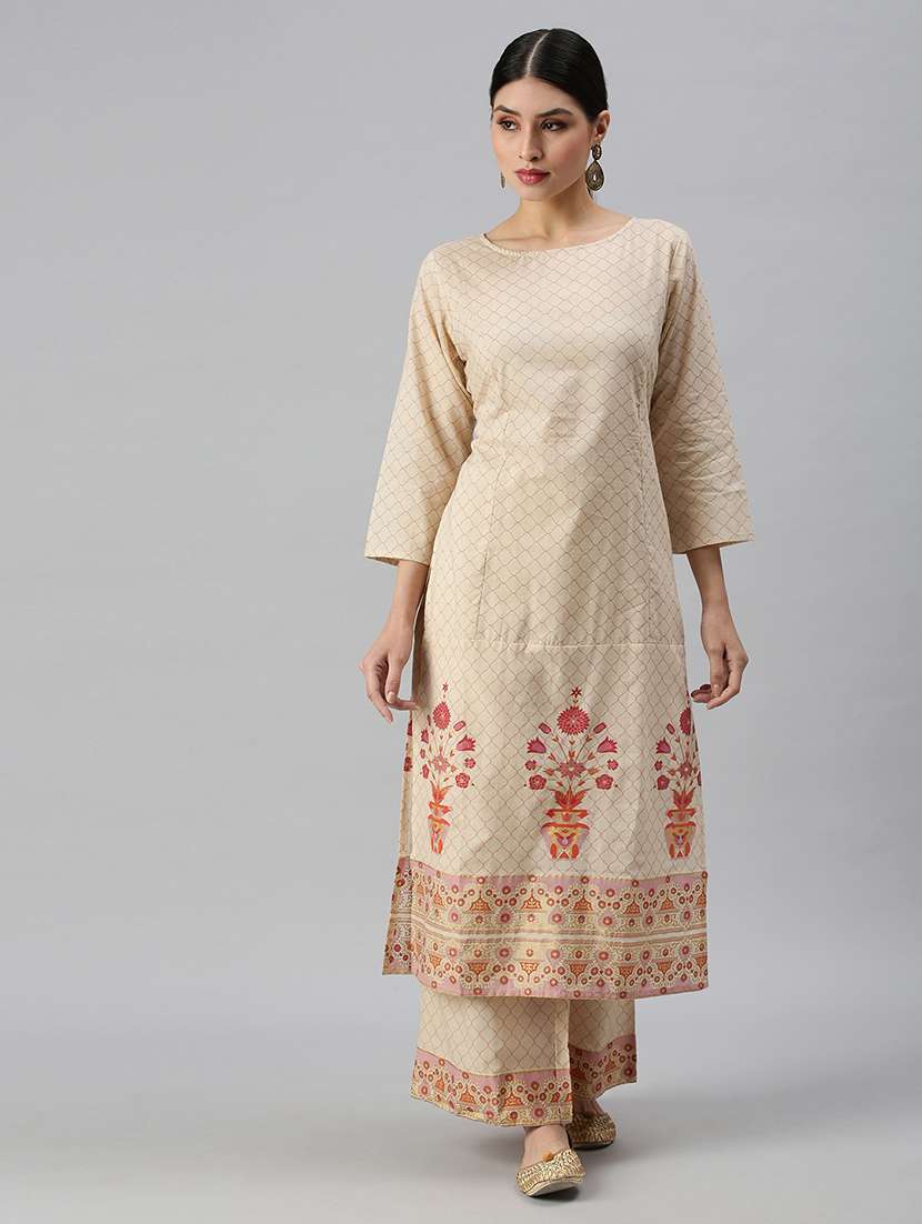 women cream printed kurta palazzo set 