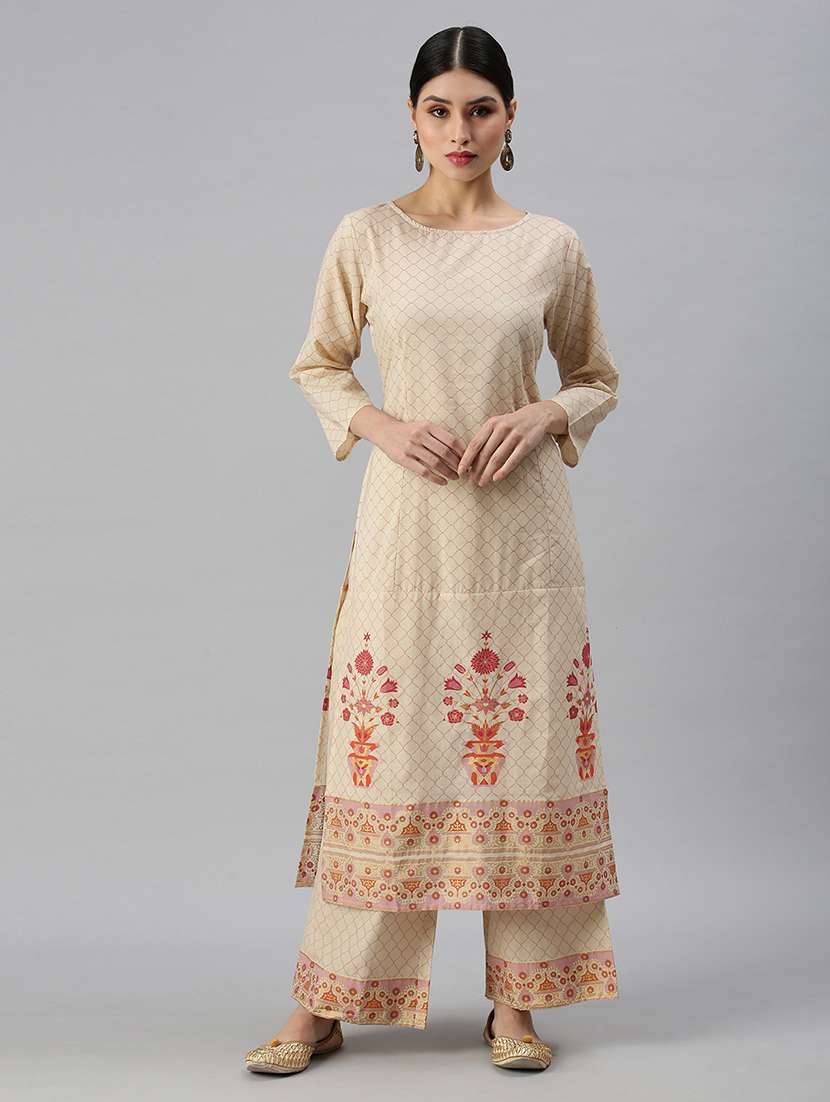 women cream printed kurta palazzo set  - 18260899 -  Standard Image - 1