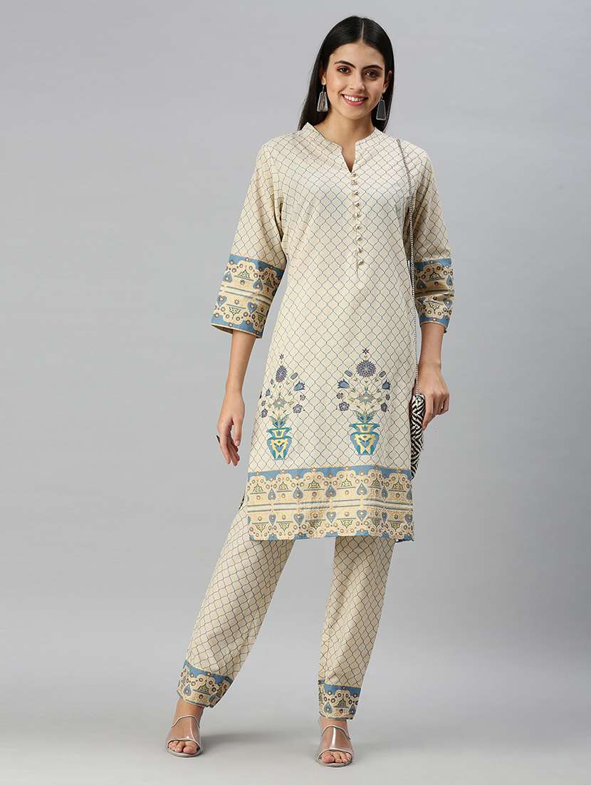 women cream printed mandarin neck kurta pant set - 18260901 -  Standard Image - 1
