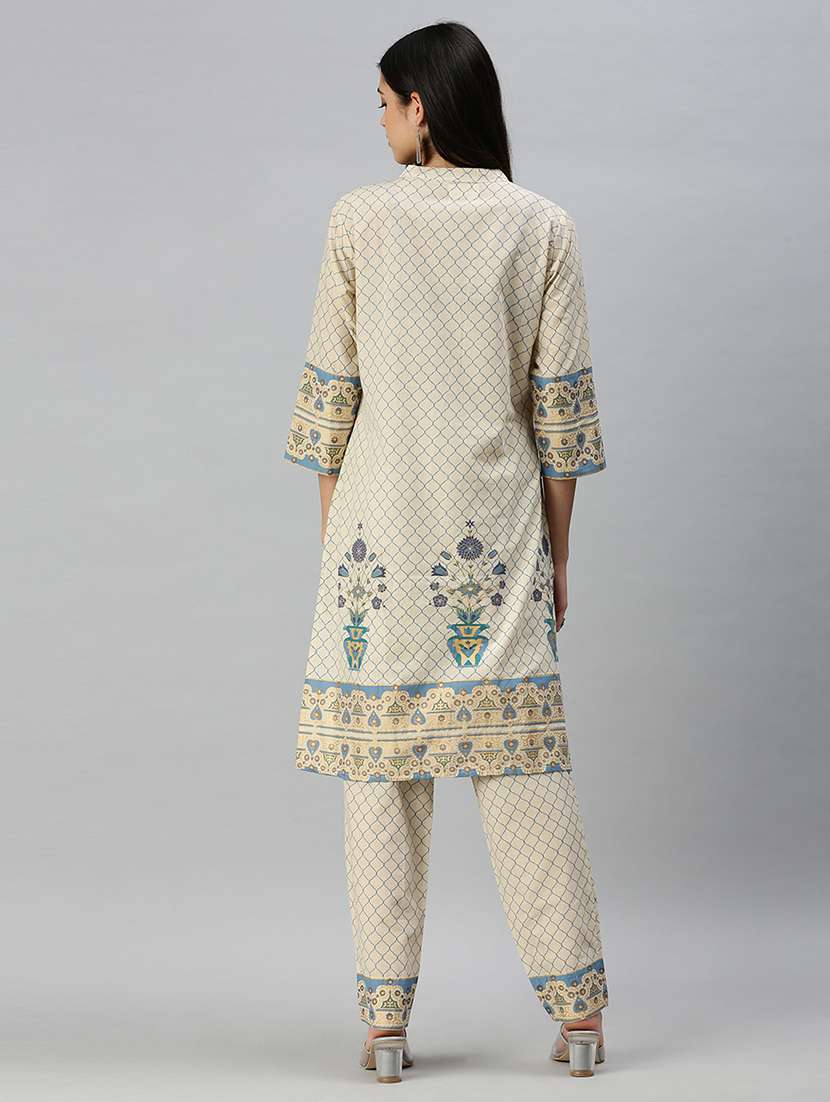 women cream printed mandarin neck kurta pant set - 18260901 -  Standard Image - 4