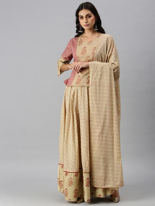 women beige printed skirt top set with dupatta - 18260910 - Standard Image - 0