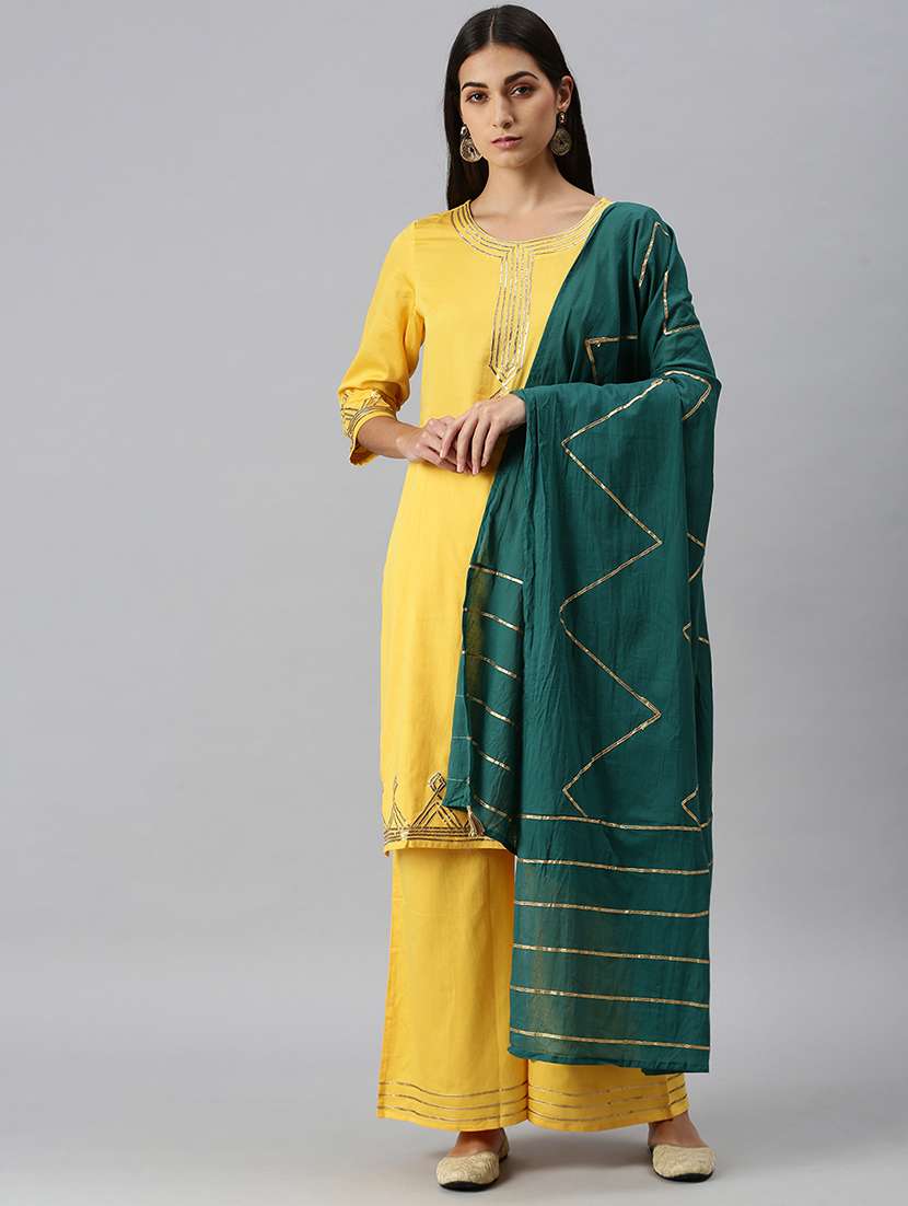 women gota work kurta palazzo set with dupatta
