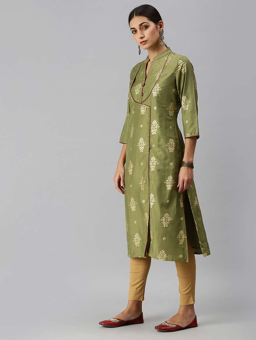 women olive foil print kurta pant set - 18260959 -  Standard Image - 1