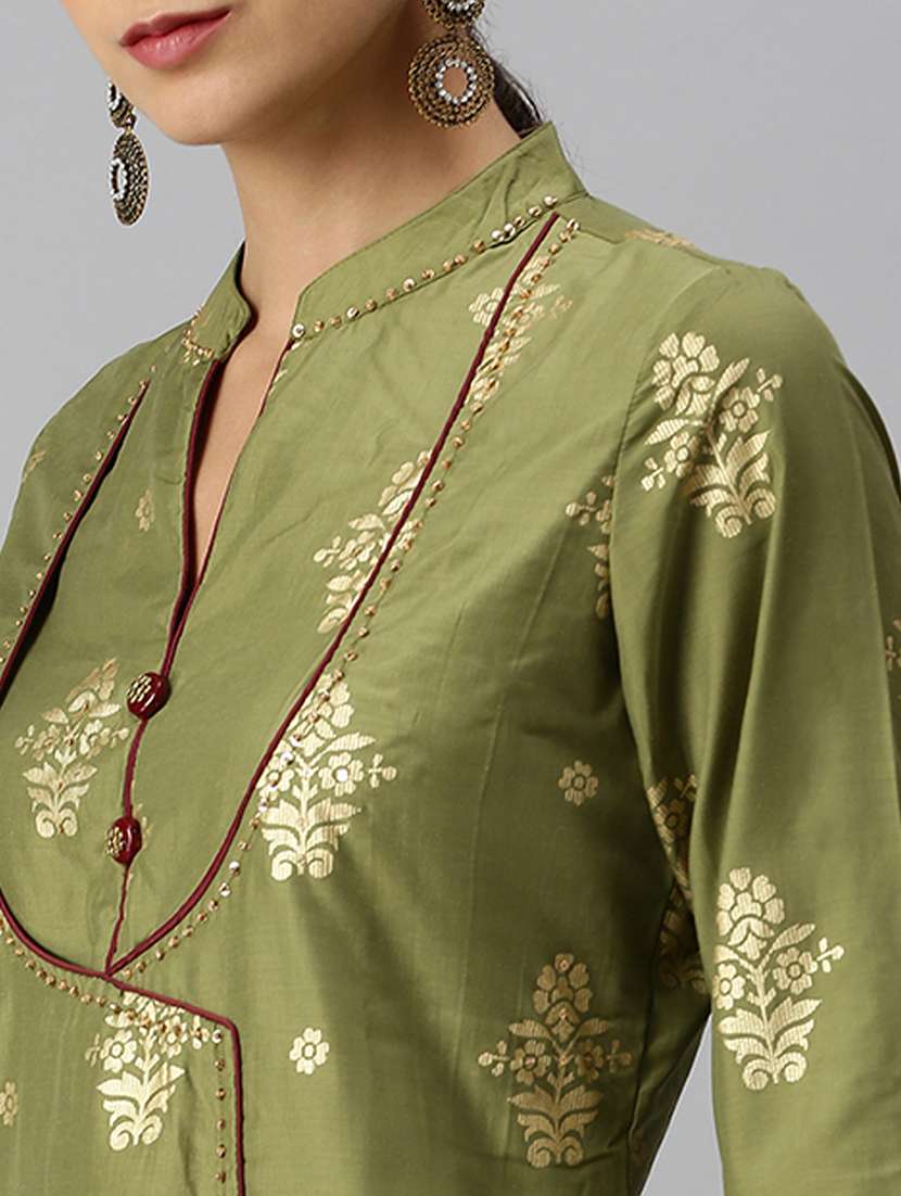 women olive foil print kurta pant set - 18260959 -  Standard Image - 4