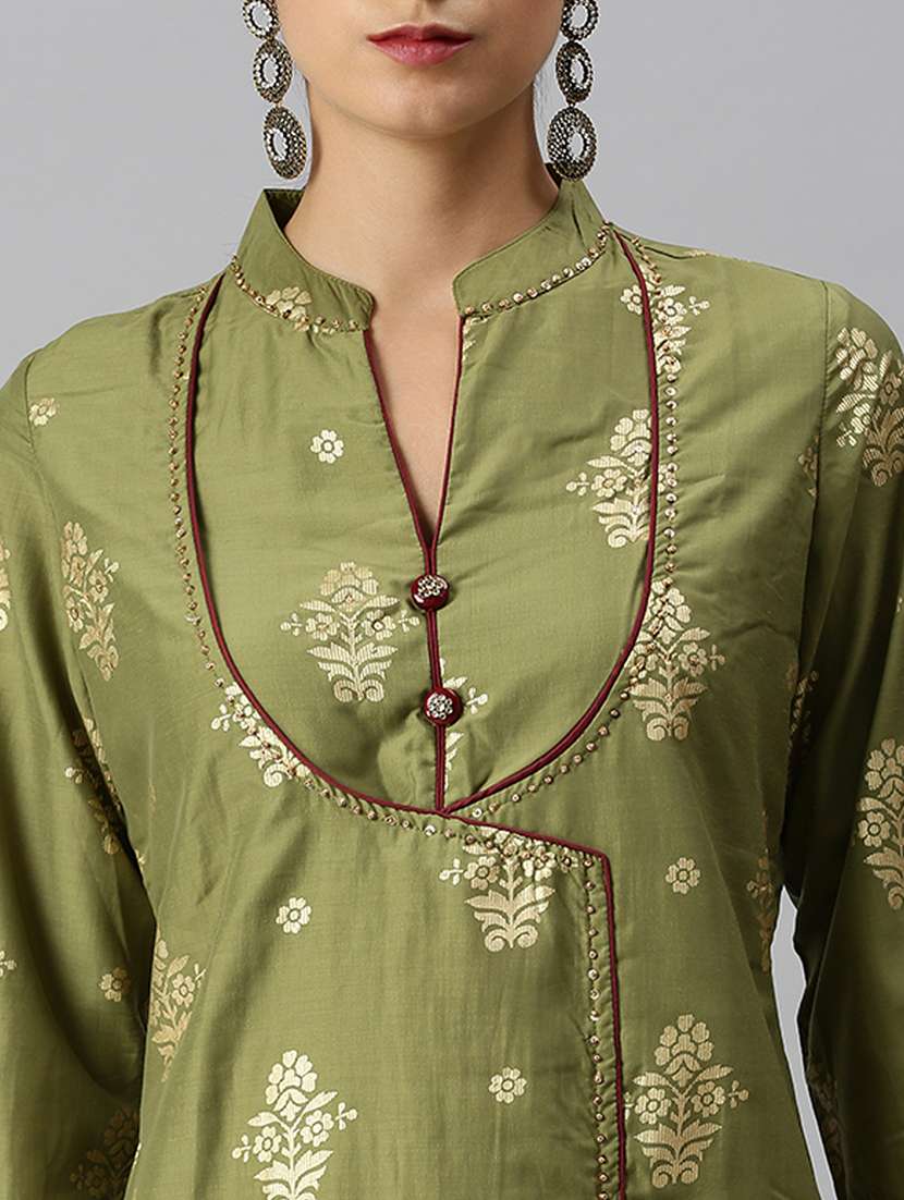 women olive foil print kurta pant set - 18260959 -  Standard Image - 6