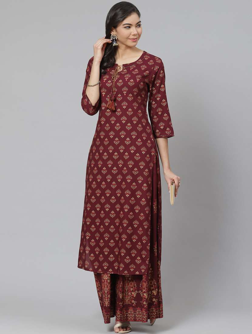 red rayon kurta palazzo set - 18261082 - Standard Image - 1
