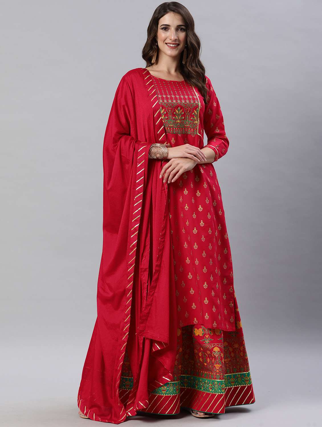 red kurta skirt set with dupatta