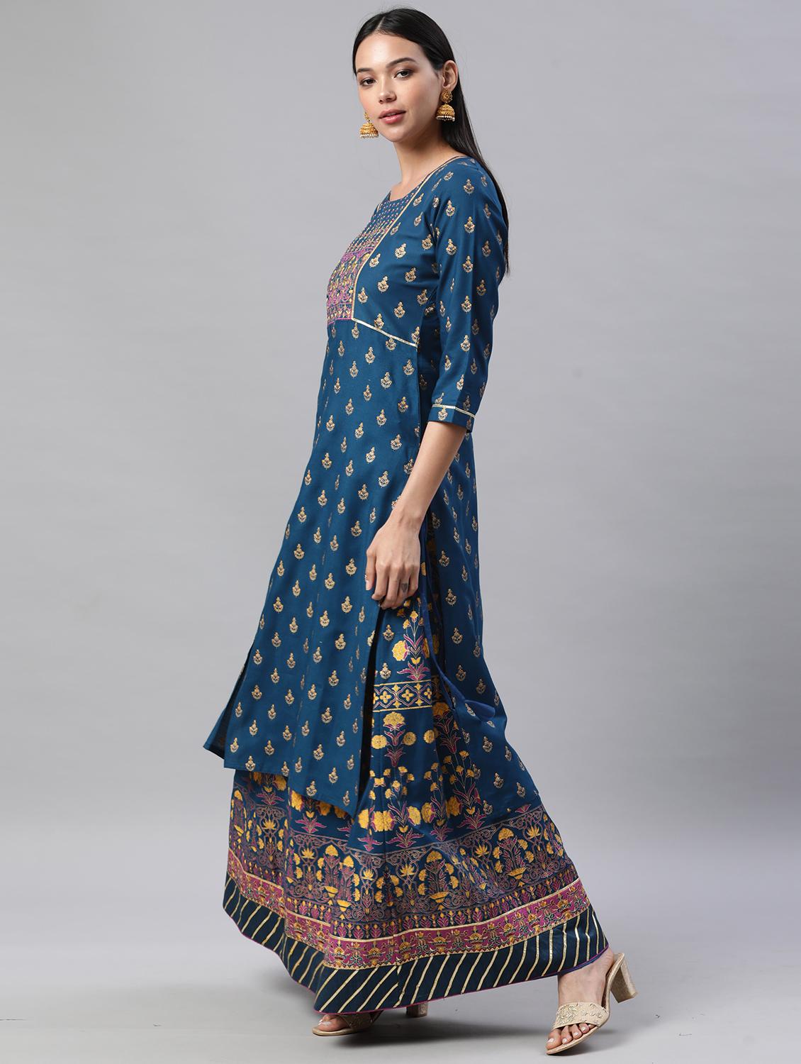 teal rayon kurta skirt  set - 18261454 -  Standard Image - 1