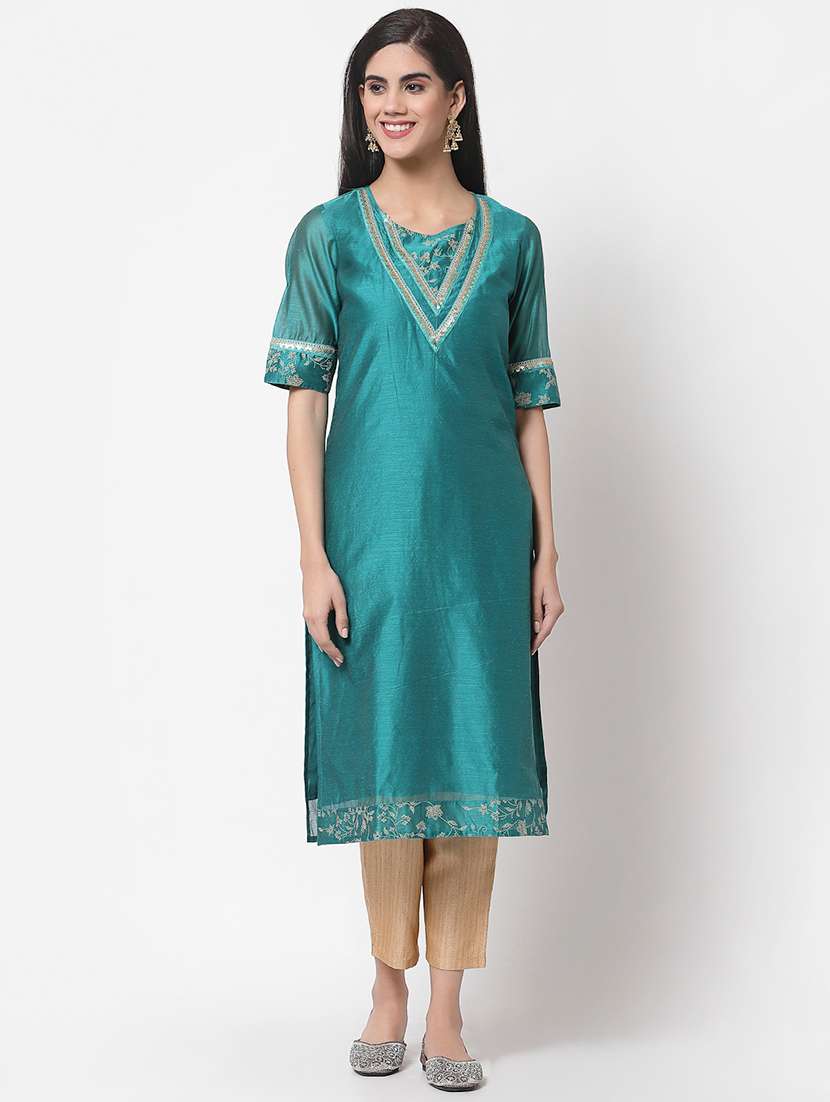 teal solid straight kurta