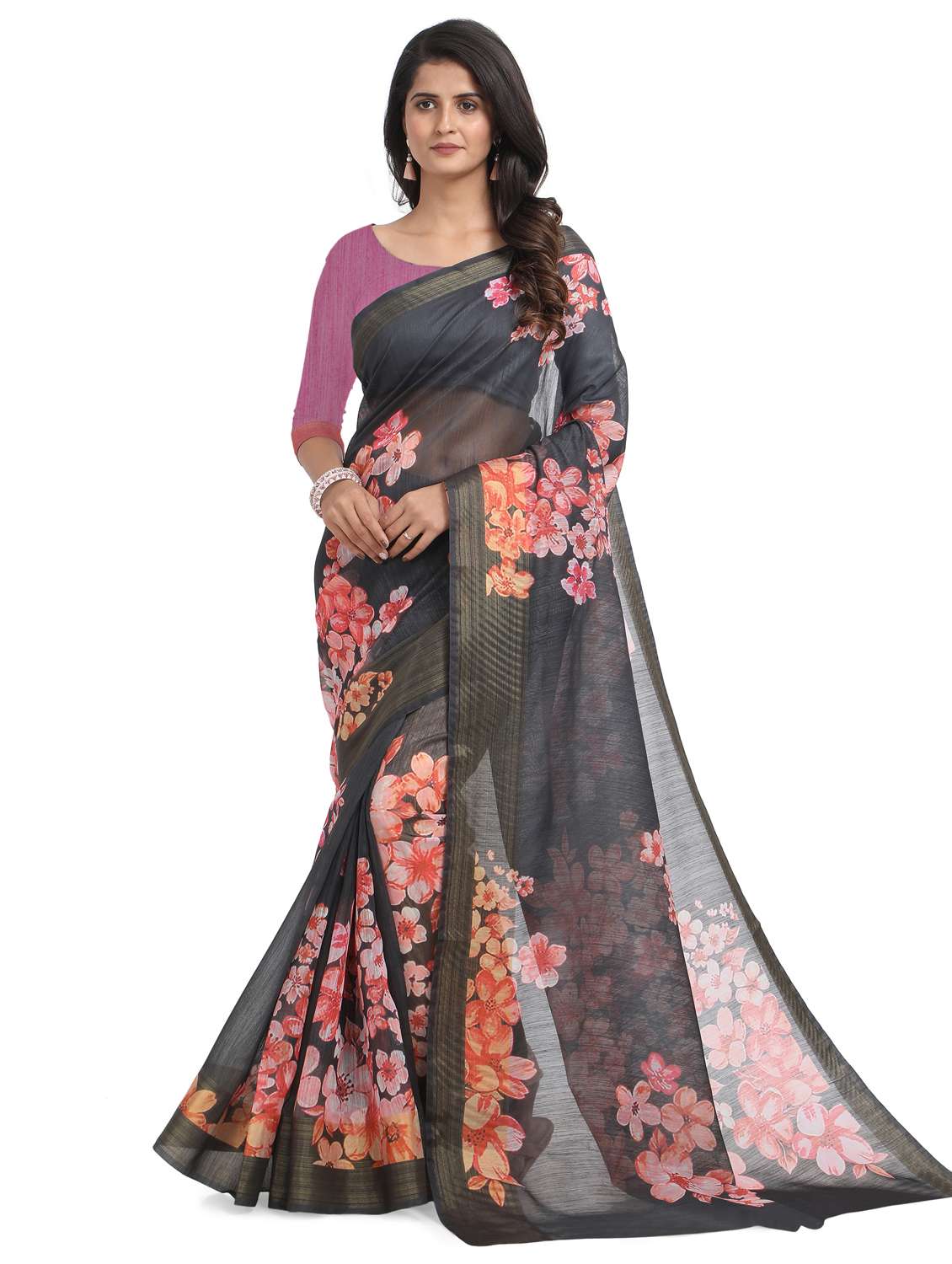 black floral chanderi saree with blouse