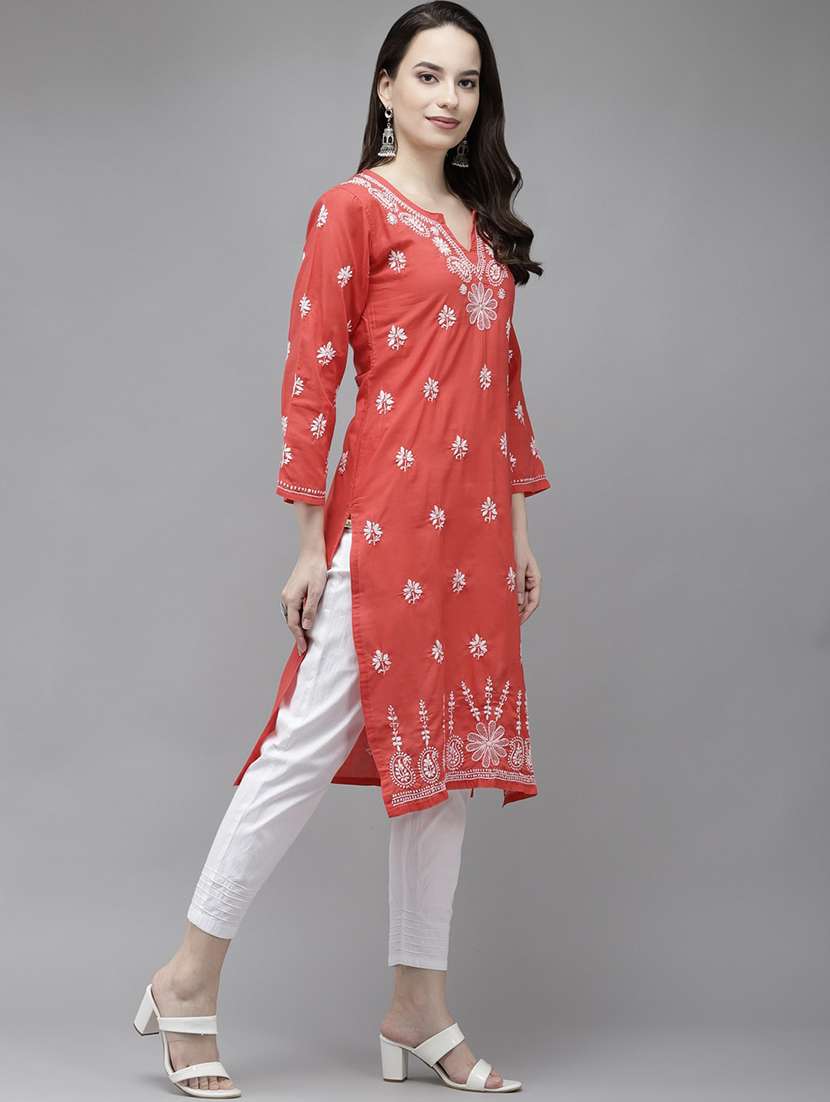 ada hand embroidered coral red cotton lucknow chikankari kurta - 18263359 -  Standard Image - 1