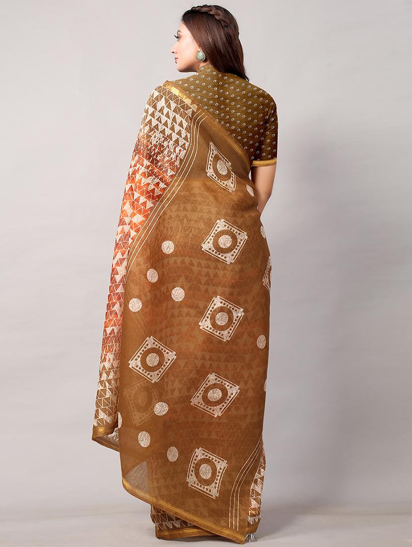 orange cotton blend printed saree with blouse - 18264075 - Standard Image - 1