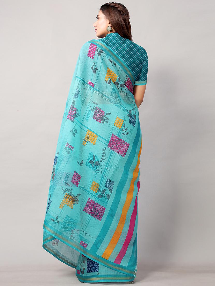 blue cotton blend printed saree with blouse - 18264077 -  Standard Image - 1