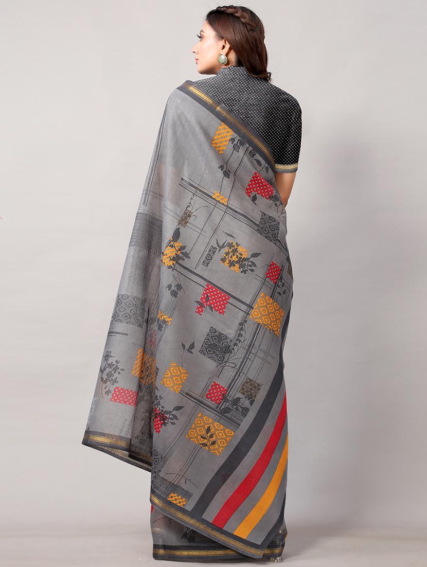 grey cotton blend printed saree with blouse - 18264078 -  Standard Image - 1