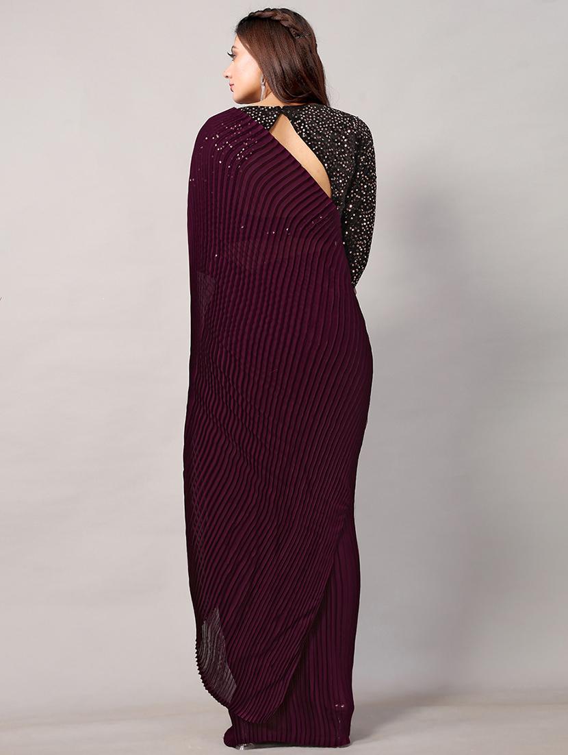 purple silk blend plain saree with blouse - 18264084 - Standard Image - 1