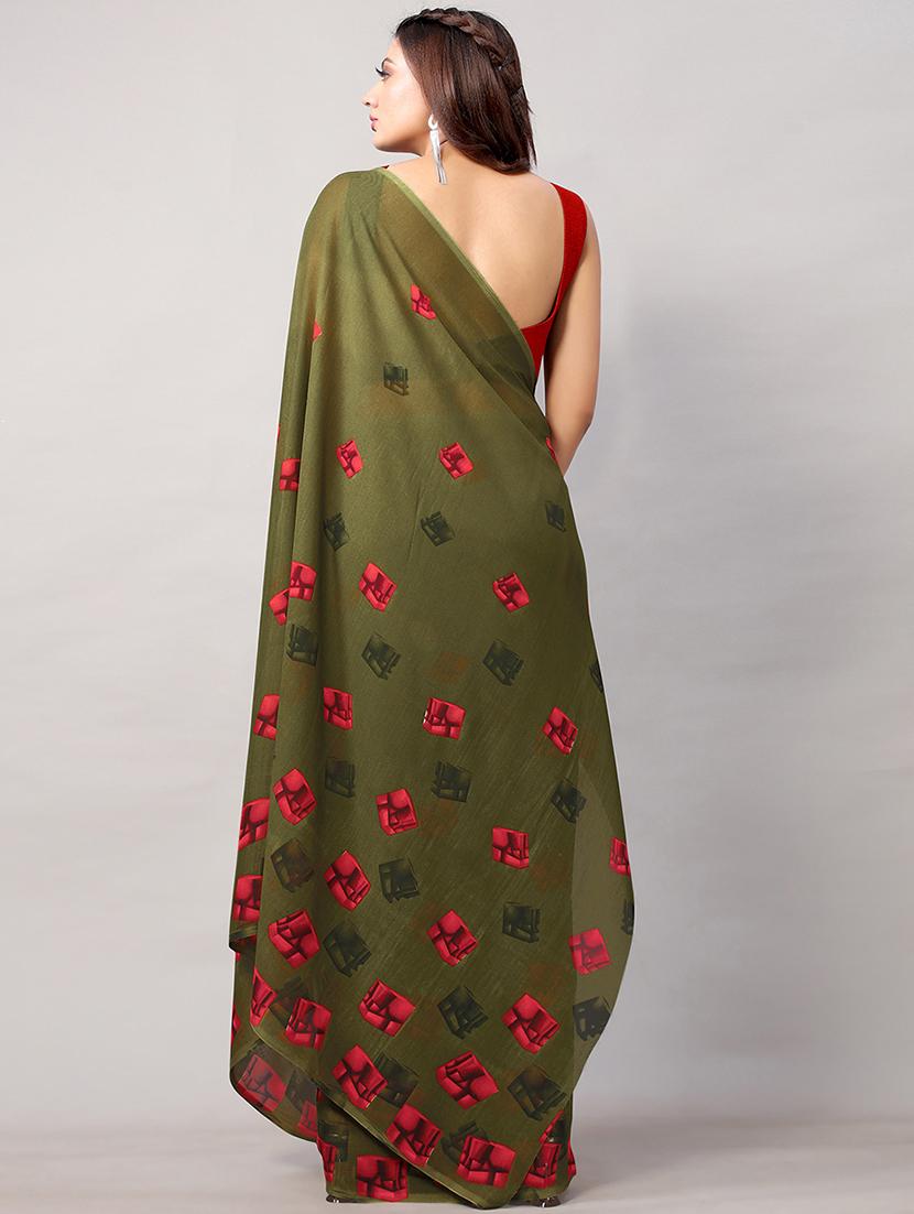 green georgette printed saree with blouse - 18264288 -  Standard Image - 1