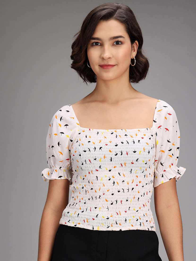 women's white printed square neck top