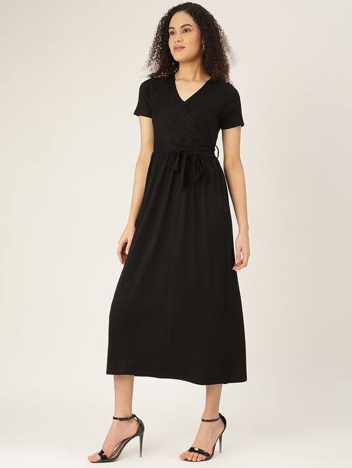 overlap neck solid a-line dress - 18266212 - Standard Image - 0