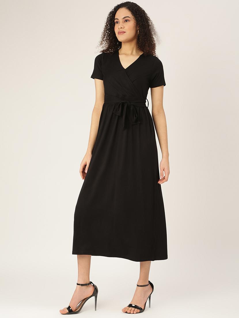 overlap neck solid a-line dress - 18266212 - Zoom Image - 0
