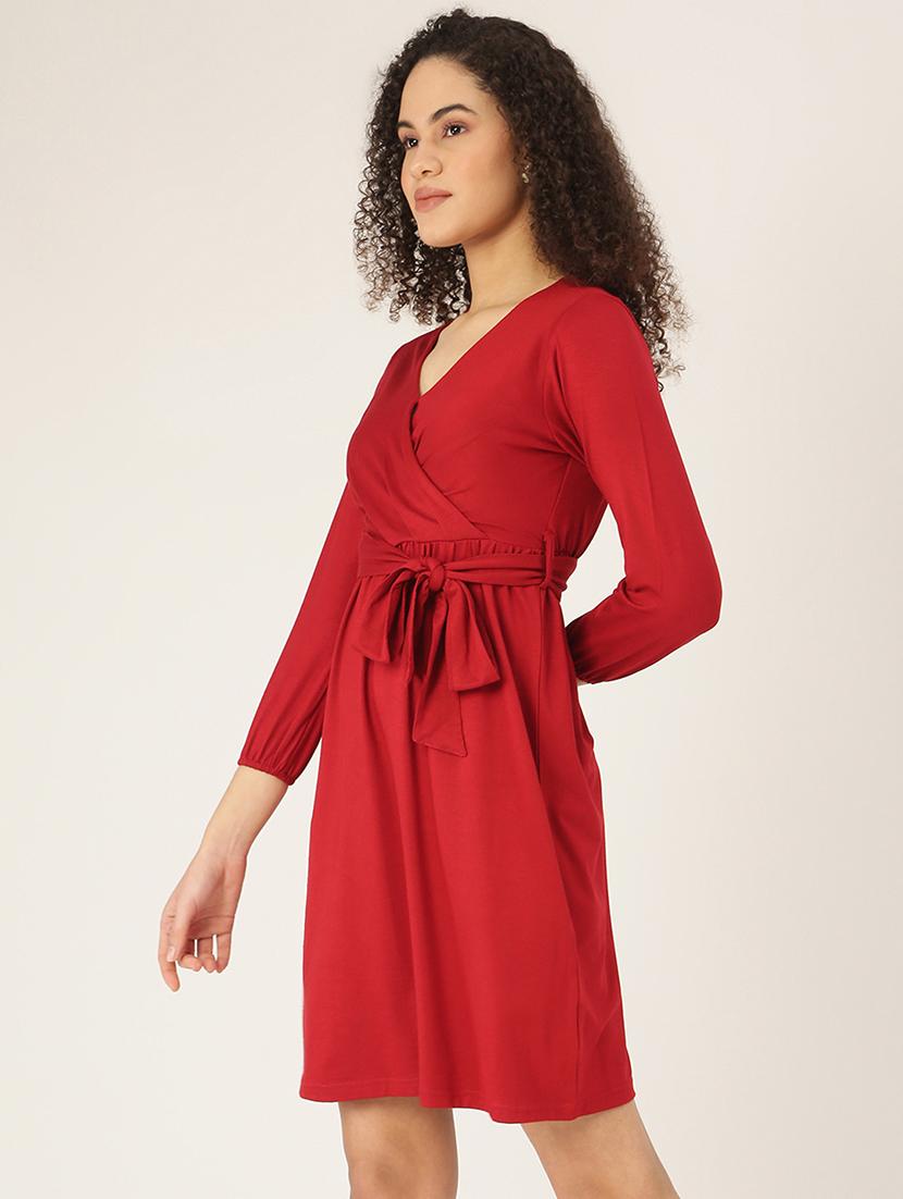 overlap neck solid a-line dress - 18266248 - Standard Image - 1