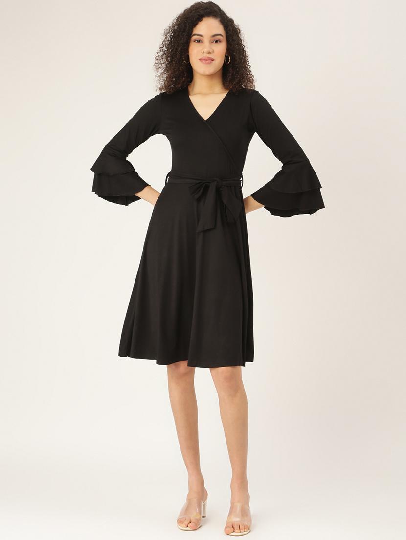 tie front solid flared dress - 18266302 - Zoom Image - 0
