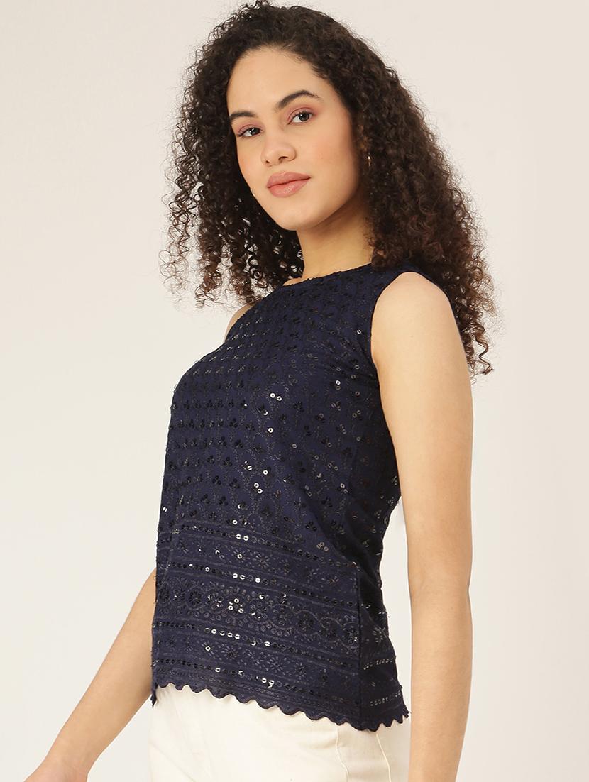 round neck embellished top - 18266476 - Standard Image - 1