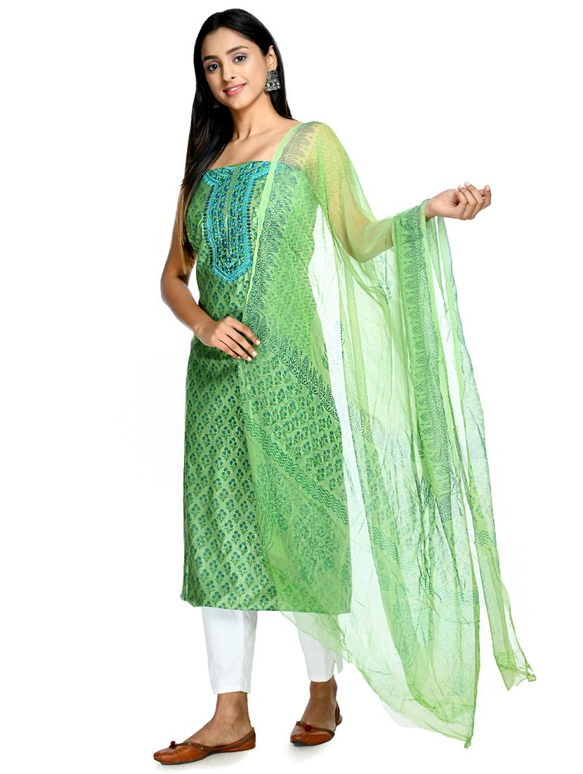 green cotton blend unstitched suit - 18269362 - Standard Image - 1
