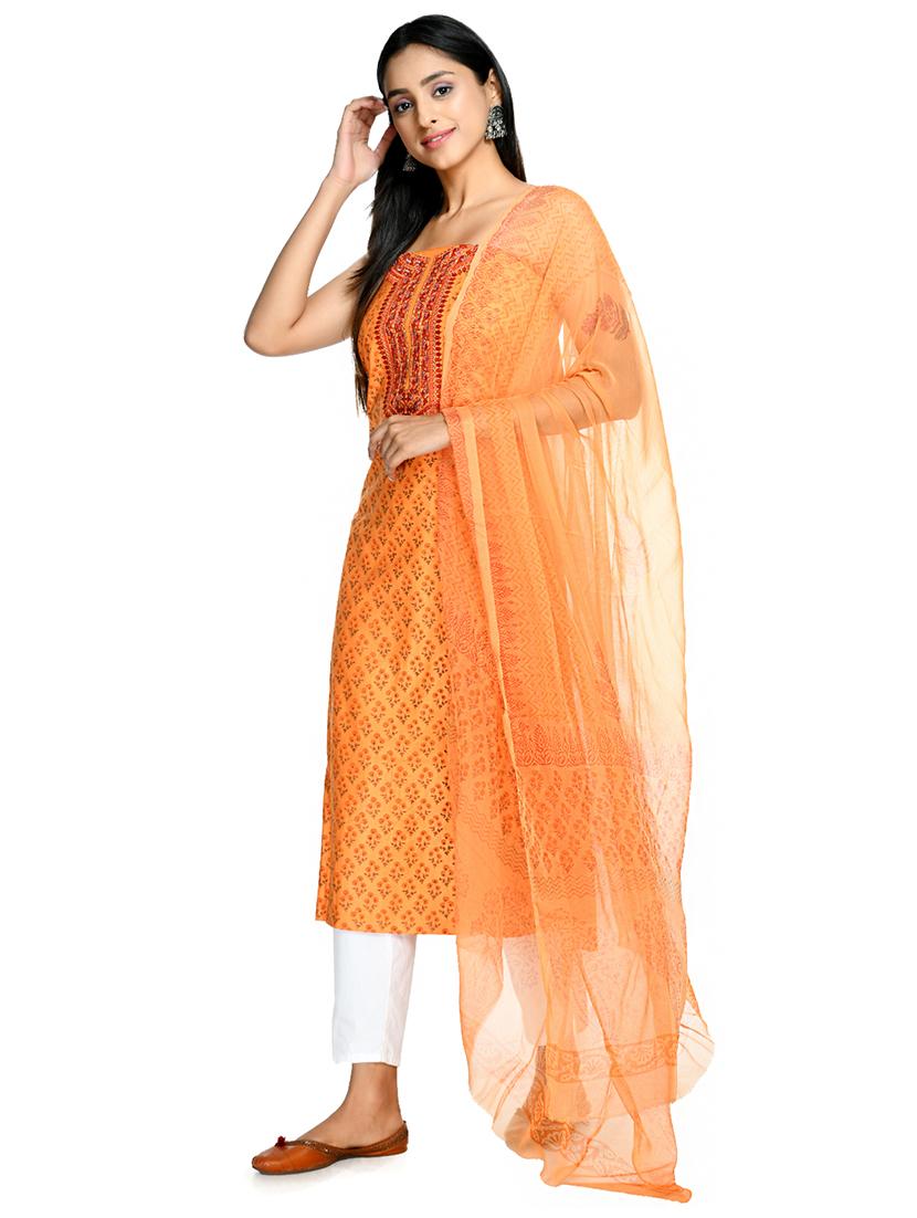 orange cotton blend unstitched suit - 18269363 - Standard Image - 1