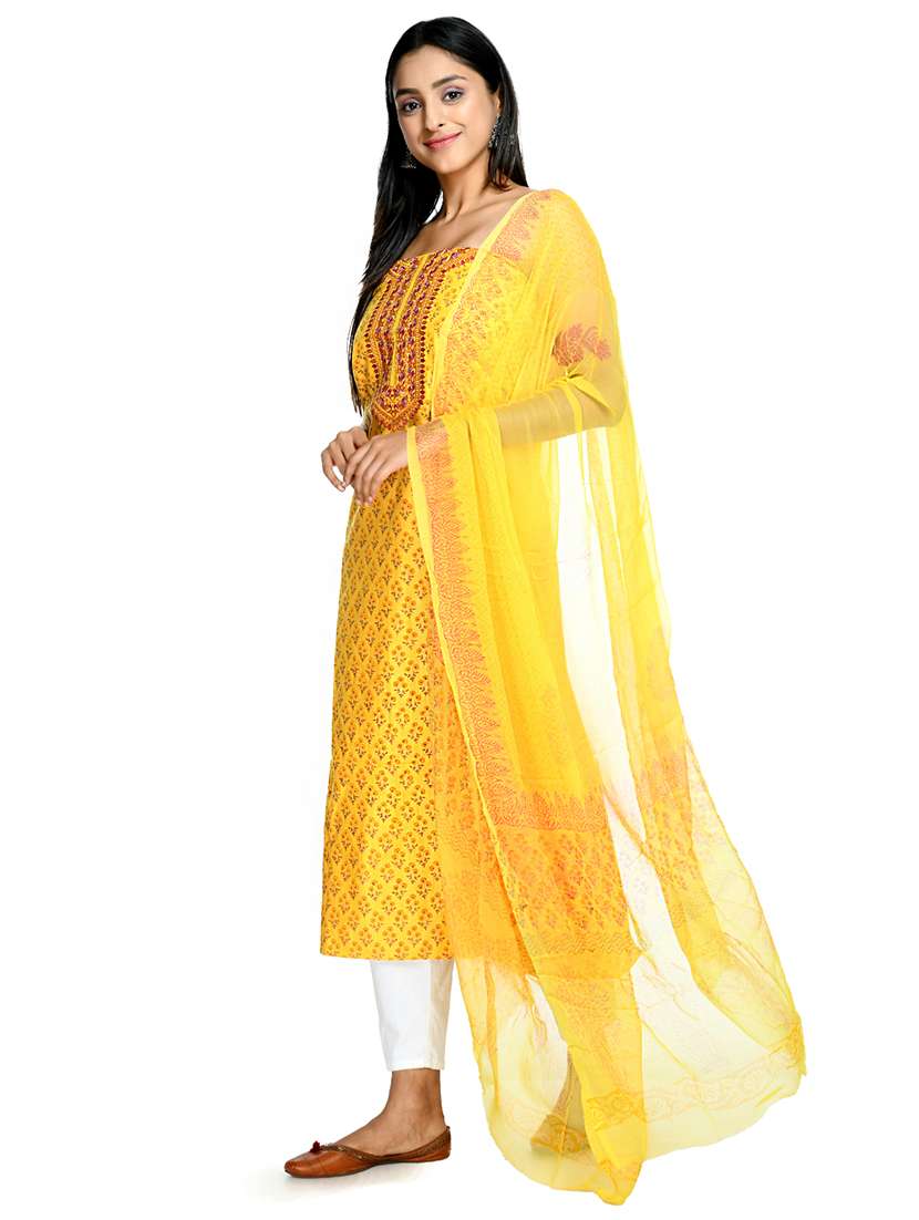 yellow cotton blend unstitched suit - 18269365 - Standard Image - 1