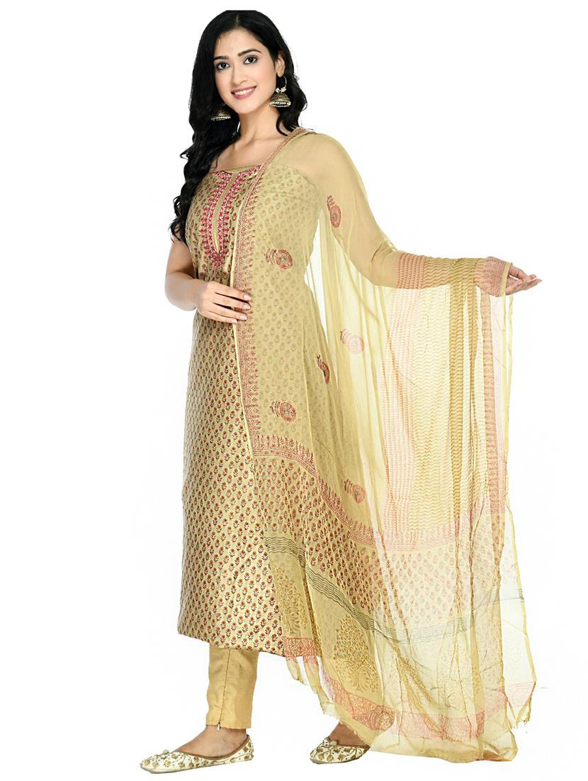 beige cotton blend unstitched suit - 18269377 - Standard Image - 1