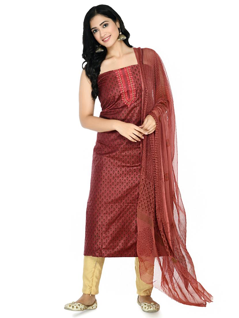 red cotton blend unstitched suit - 18269379 - Standard Image - 1