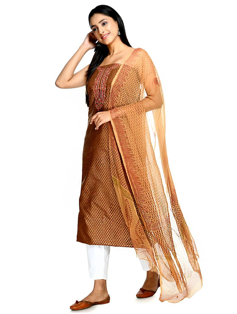 brown cotton blend unstitched suit - 18269380 - Standard Image - 1