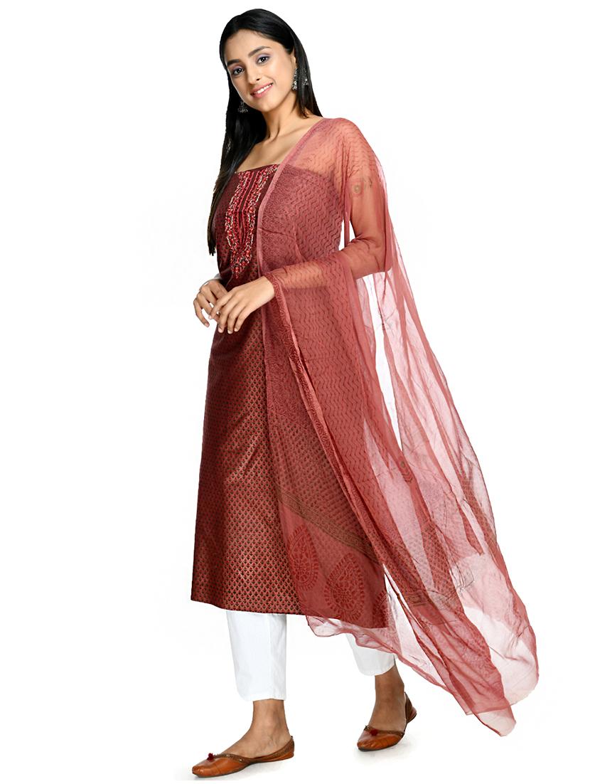 red cotton blend unstitched suit - 18269382 -  Standard Image - 1