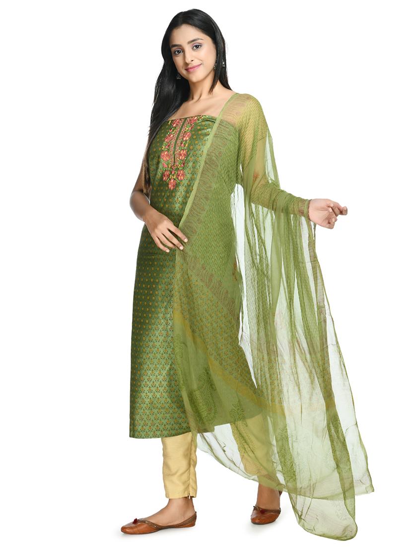 green cotton blend unstitched suit - 18269387 -  Standard Image - 1