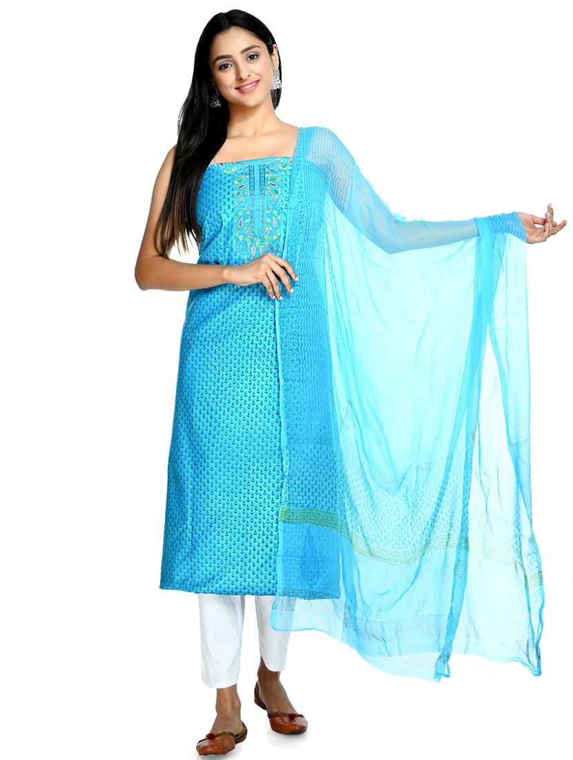 turquoise printed unstitched suit set - 18269392 -  Standard Image - 1