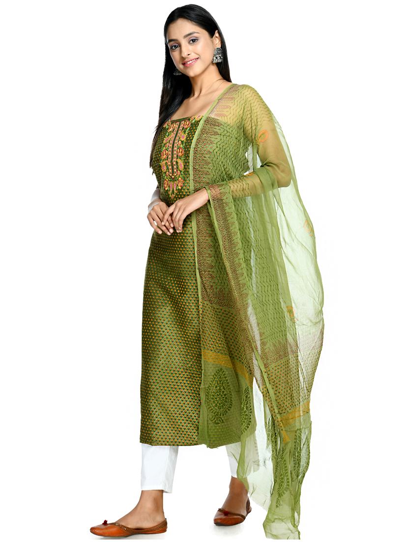 green cotton blend unstitched suit - 18269394 -  Standard Image - 1