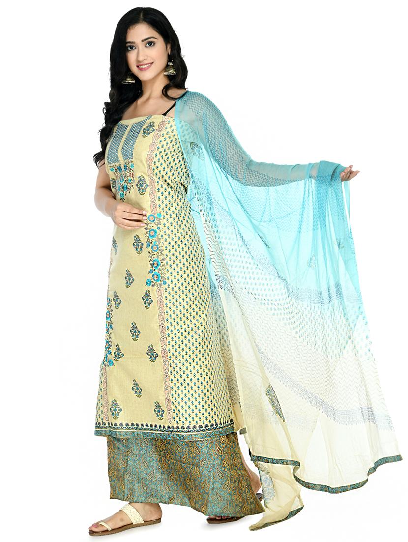 blue cotton blend unstitched suit - 18269395 -  Standard Image - 1
